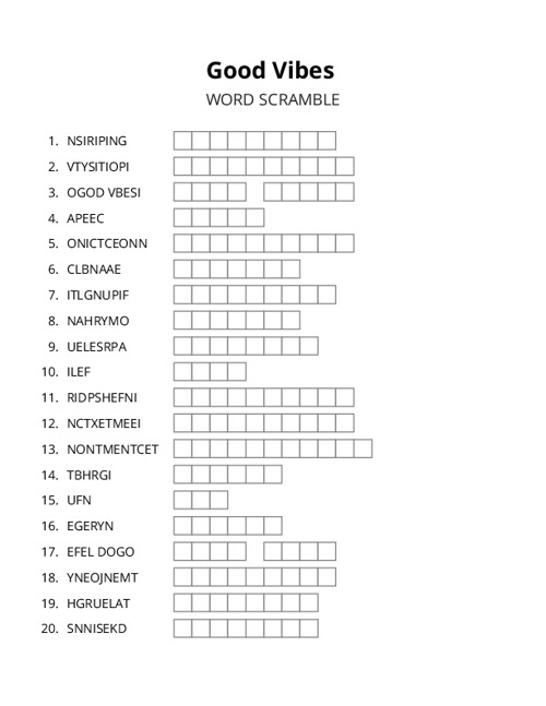 Good Vibes Word Scramble Puzzle