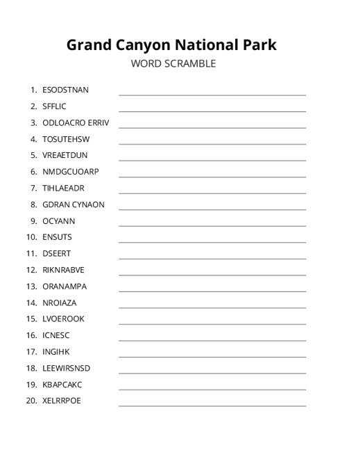 Grand Canyon National Park Word Scramble Puzzle