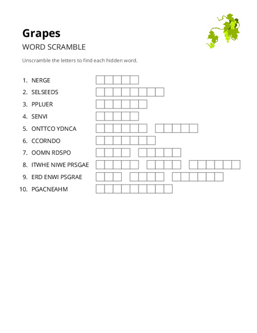 Grapes Word Scramble Puzzle