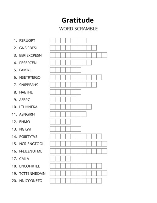 Gratitude Word Scramble Puzzle
