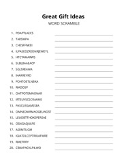 Great Gift Ideas word scramble puzzle