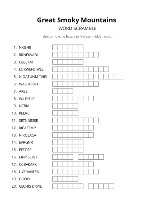 Great Smoky Mountains Word Scramble Puzzle
