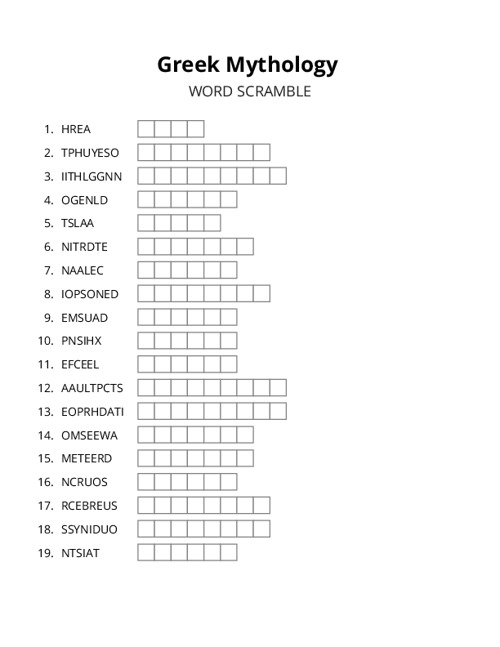 Greek Mythology Word Scramble Puzzle