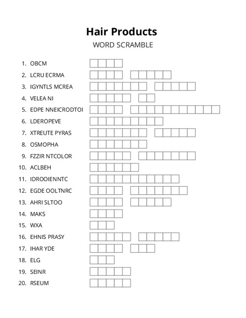 Hair Products Word Scramble Puzzle