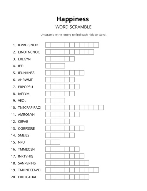 Happiness Word Scramble Puzzle