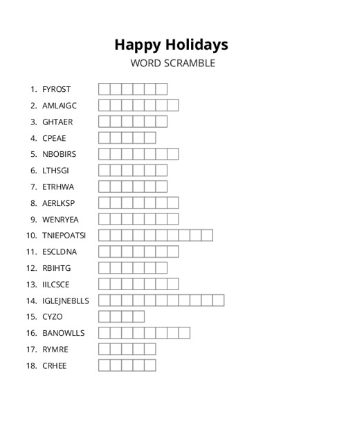 Happy Holidays Word Scramble Puzzle