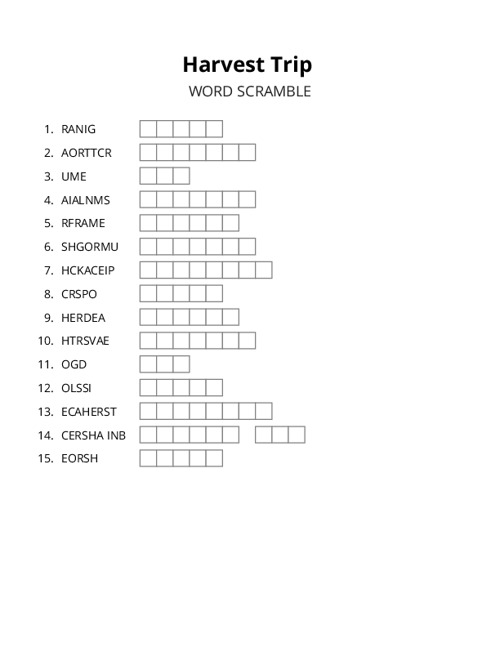 Harvest Trip Word Scramble Puzzle