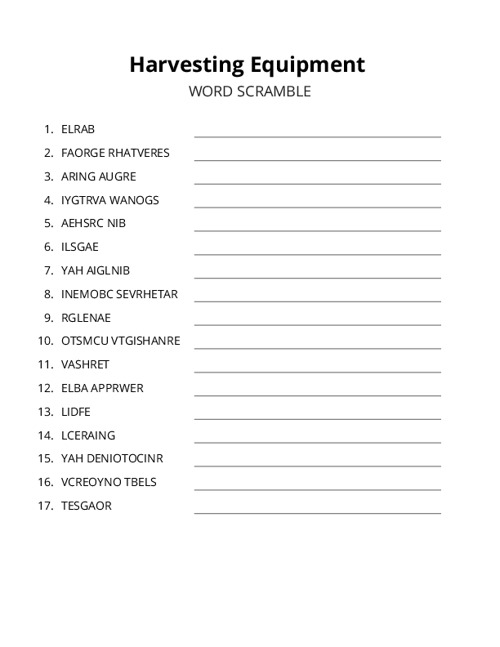 Harvesting Equipment Word Scramble Puzzle