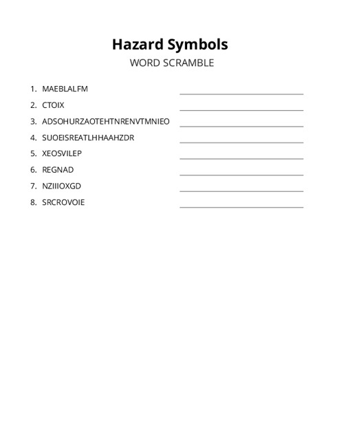 Hazard Symbols Word Scramble Puzzle