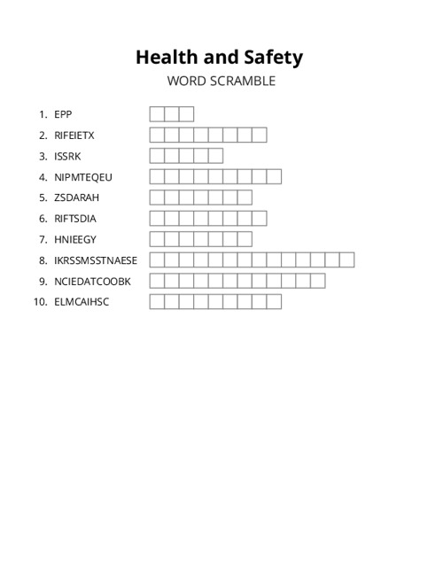 Health and Safety Word Scramble Puzzle