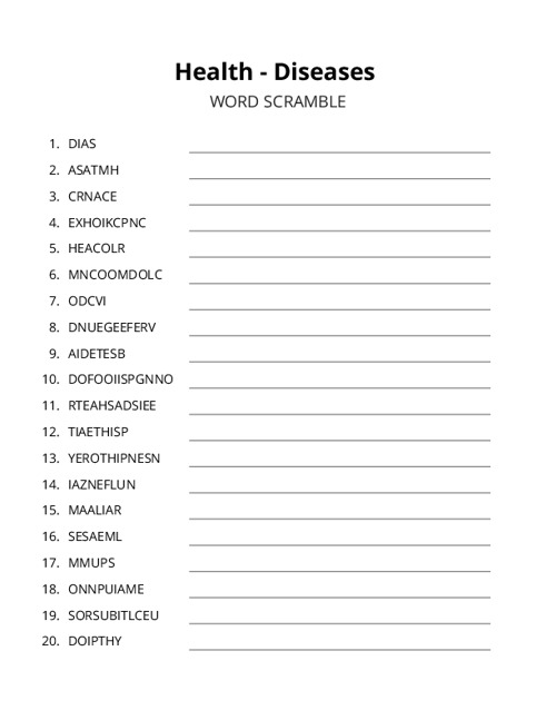 Health - Diseases Word Scramble Puzzle