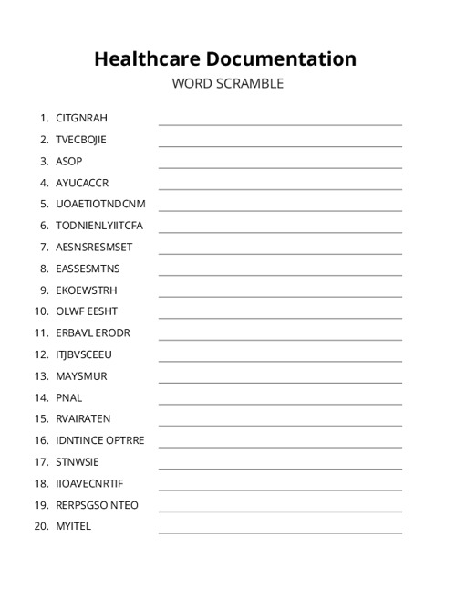 Healthcare Documentation Word Scramble Puzzle
