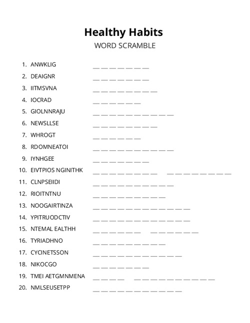 Healthy Habits Word Scramble Puzzle