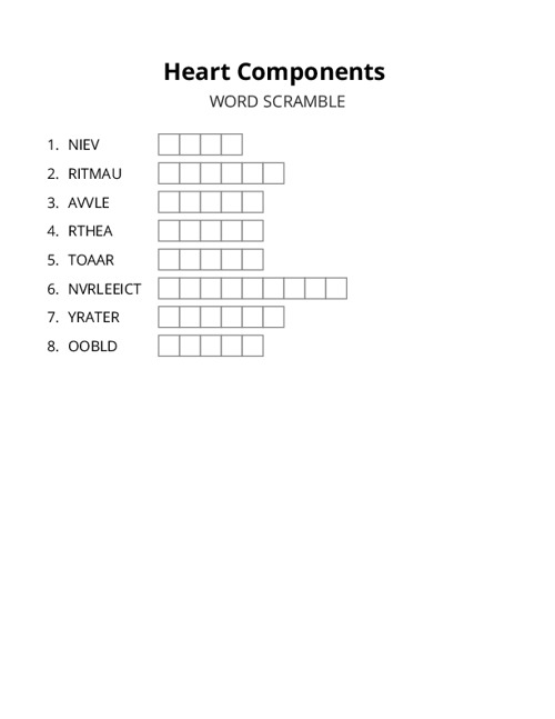 Heart Components Word Scramble Puzzle
