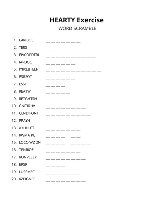HEARTY Exercise Word Scramble Puzzle
