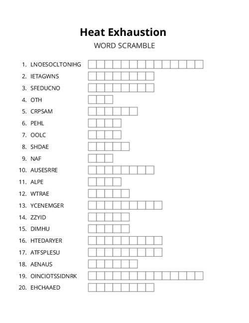 Heat Exhaustion Word Scramble Puzzle