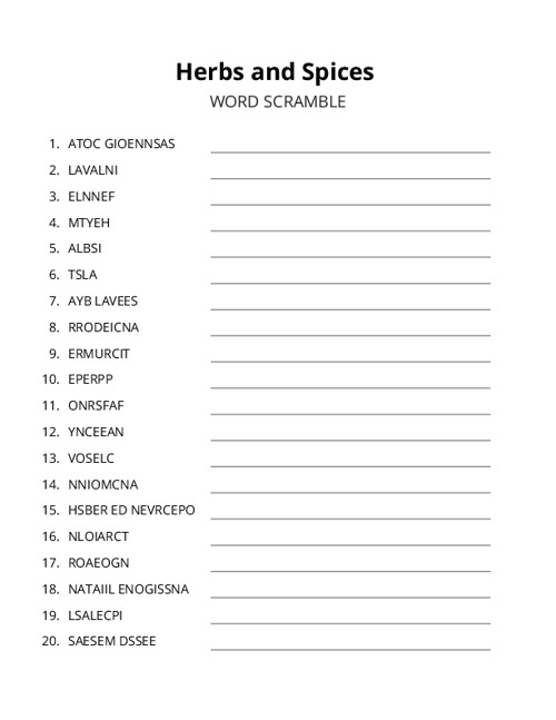 Herbs and Spices Word Scramble Puzzle