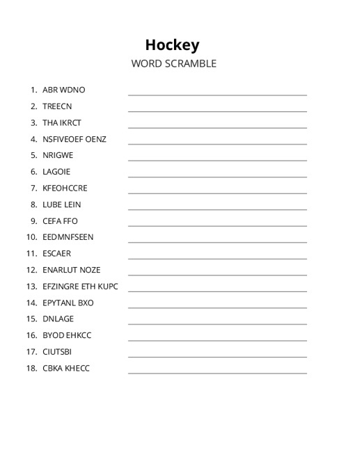 Hockey Word Scramble Puzzle