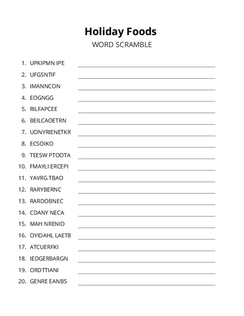 Holiday Foods Word Scramble Puzzle