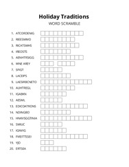 Holiday Traditions word scramble puzzle