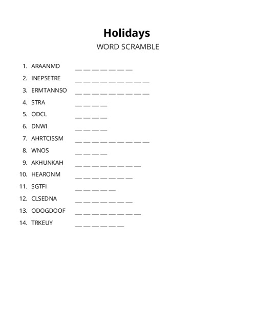 Holidays Word Scramble Puzzle