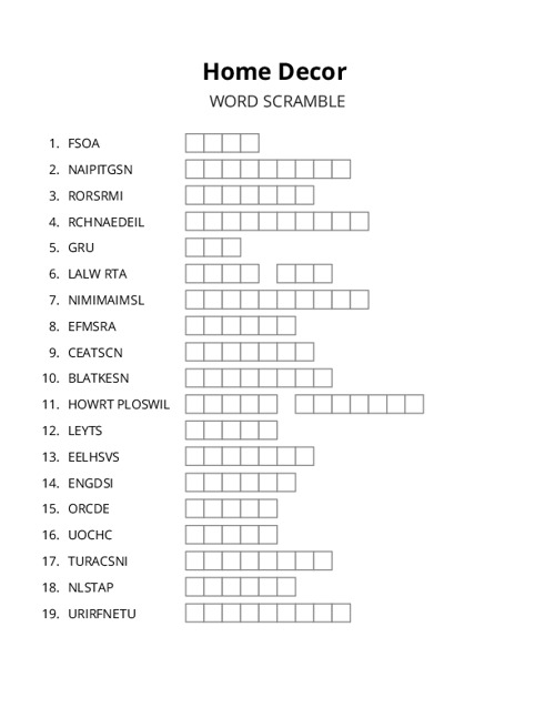Home Decor Word Scramble Puzzle