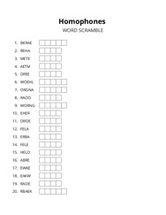 Homophones word scramble puzzle