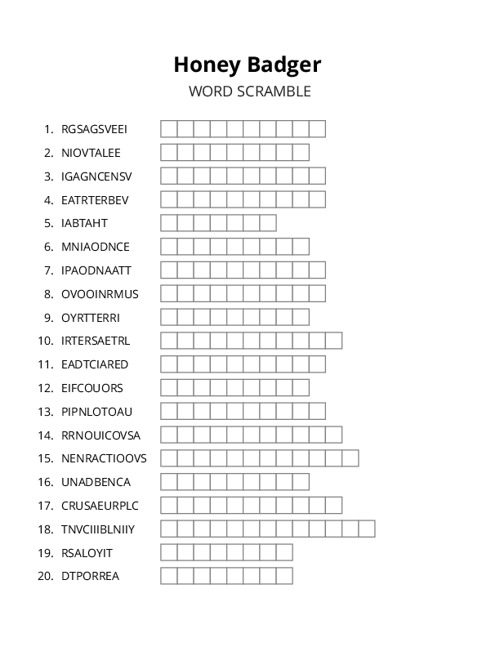 Honey Badger Word Scramble Puzzle