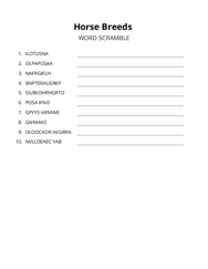 Horse Breeds word scramble puzzle