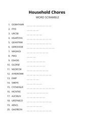 Household Chores word scramble puzzle