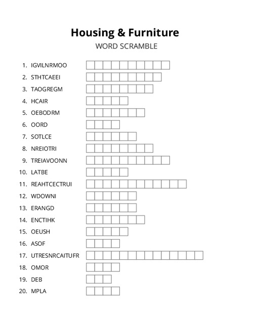 Housing & Furniture Word Scramble Puzzle