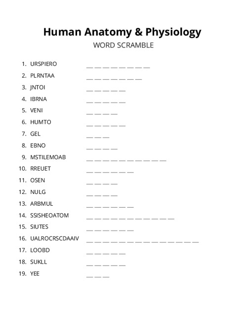 Human Anatomy & Physiology Word Scramble Puzzle