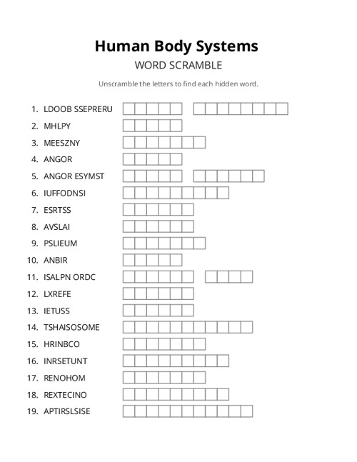 Human Body Systems Word Scramble Puzzle