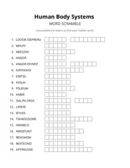 Human Body Systems word scramble puzzle