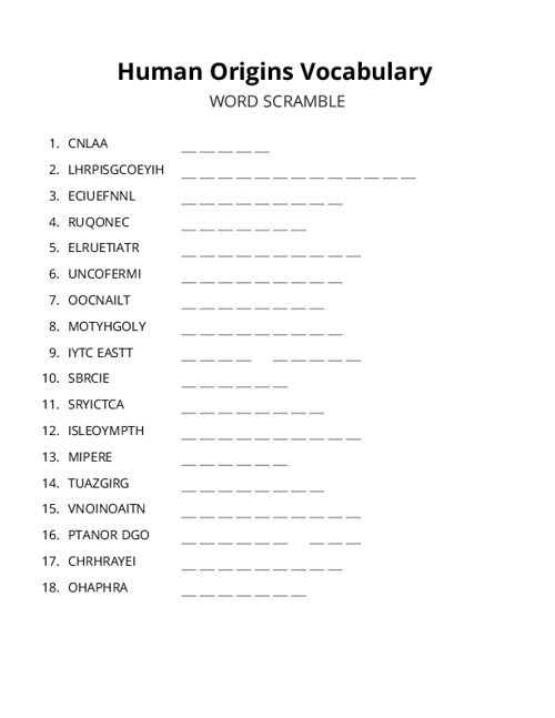Human Origins Vocabulary Word Scramble Puzzle