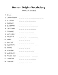 Human Origins Vocabulary word scramble puzzle