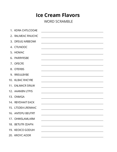 Ice Cream Flavors Word Scramble Puzzle