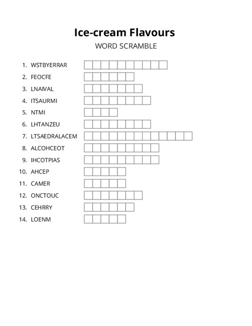 Ice-cream Flavours Word Scramble Puzzle