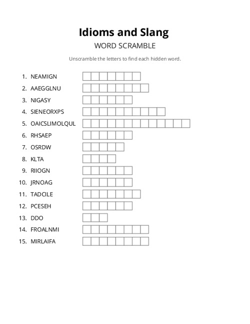 Idioms and Slang Word Scramble Puzzle