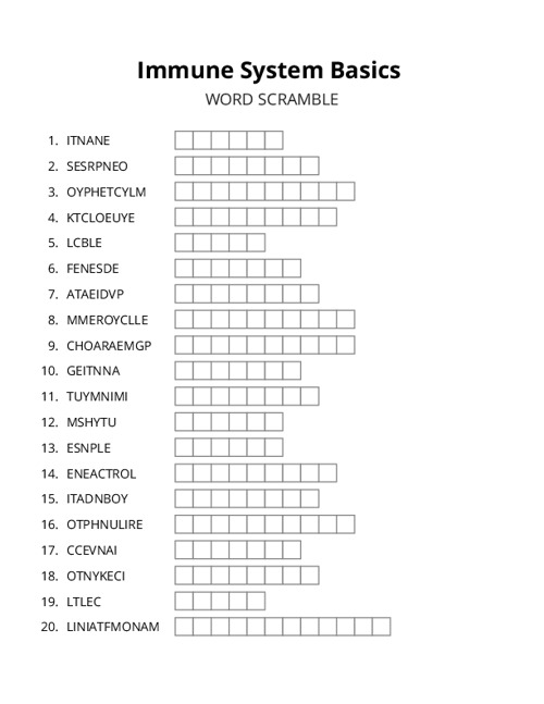 Immune System Basics Word Scramble Puzzle