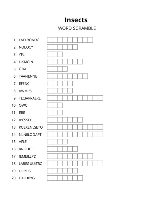Insects Word Scramble Puzzle
