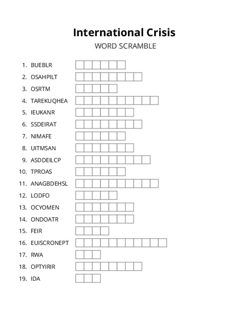 International Crisis Word Scramble Puzzle