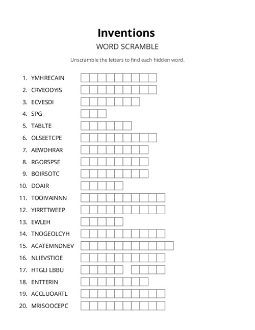 Inventions Word Scramble Puzzle
