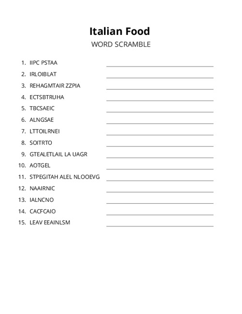 Italian Food Word Scramble Puzzle