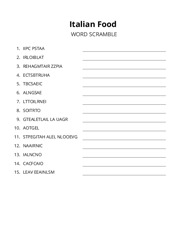 Italian Food word scramble puzzle