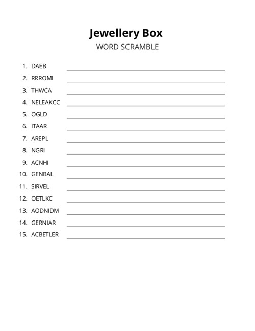 Jewellery Box Word Scramble Puzzle
