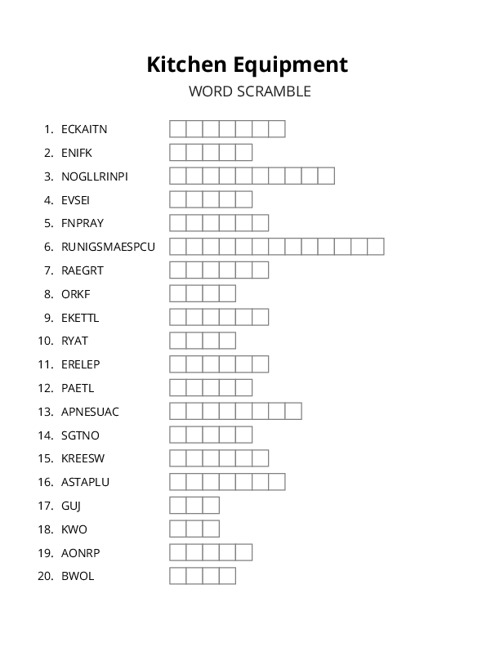 Kitchen Equipment Word Scramble Puzzle