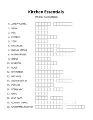 Kitchen Essentials word scramble puzzle