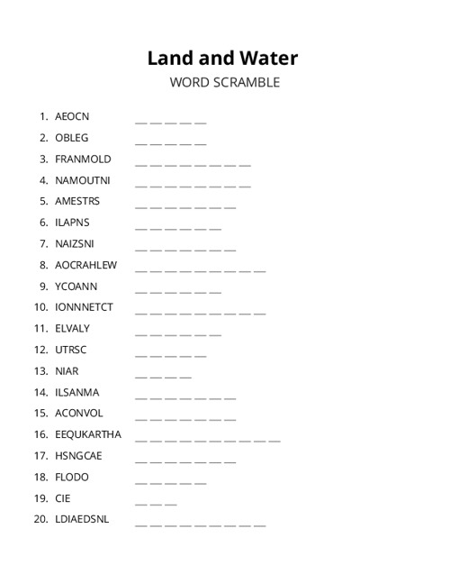 Land and Water Word Scramble Puzzle
