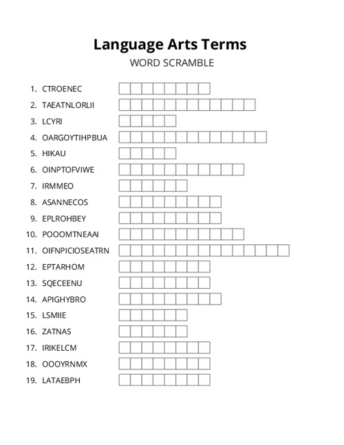 Language Arts Terms Word Scramble Puzzle